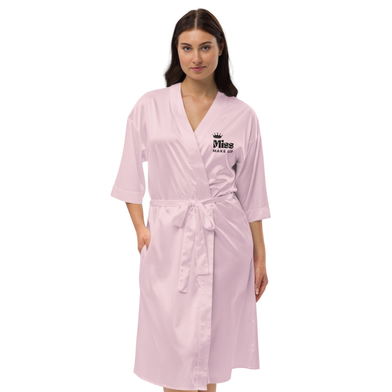 peignoir kimono maquilleuse satin rose mi long